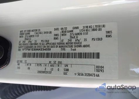 2022 Ford F-150 Xlt z USA, uszkodzony, nr VIN 1FTFW1E89NKE94559